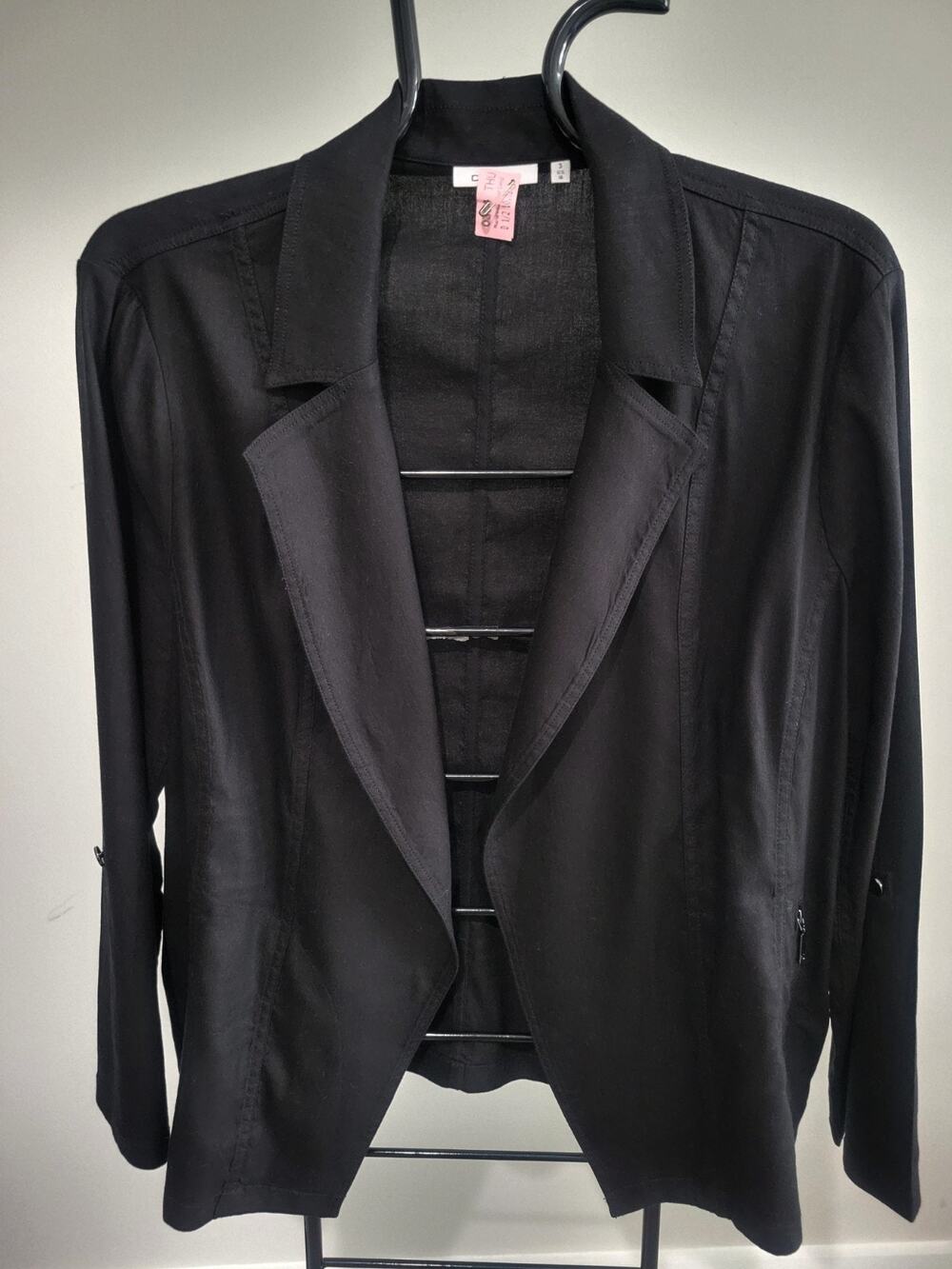 Chico's Black Linen Rayon Jacket EUC Size 3 XL Zippered Pockets Roll Tab Buttons